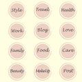 Instagram highlight icons in color. Lettering beauty, animals, work, family, love. Highlights. Story Highlight Covers Royalty Free Stock Photo